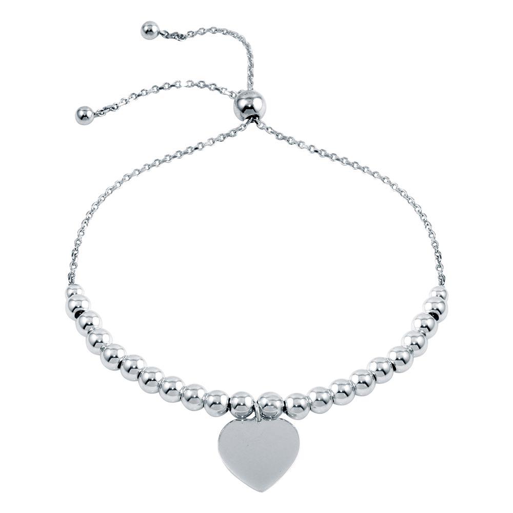 Rhodium Plated 925 Sterling Silver Beaded Engravable Heart Lariat Bracelet - DIB00064RH