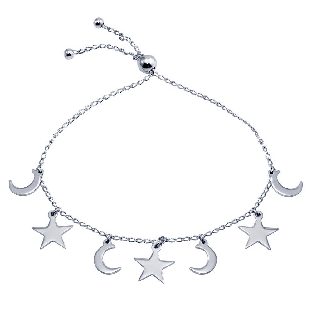 Rhodium Plated 925 Sterling Silver Crescent, Heart and Star Dangling Bracelet - DIB00074RH