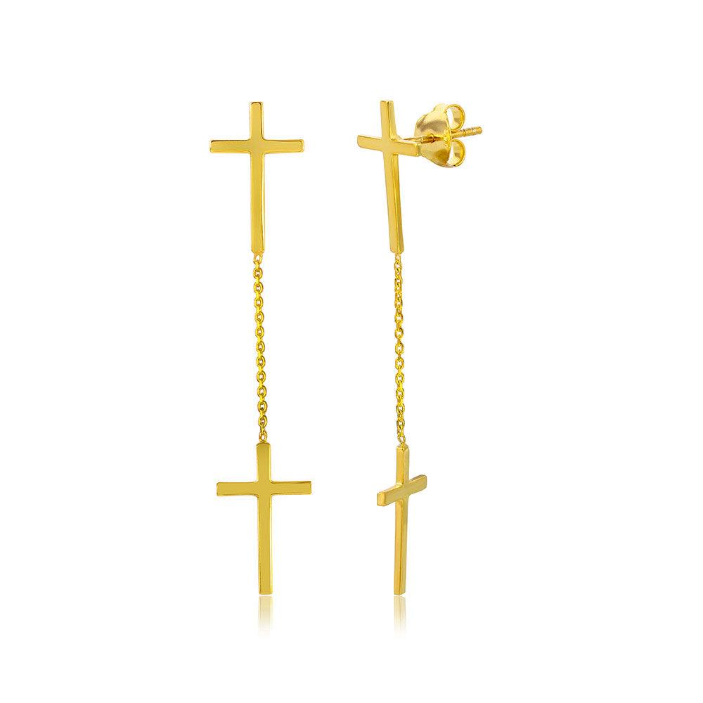 Silver 925 Gold Plated Double Hanging Cross Earrings - DIE00001GP