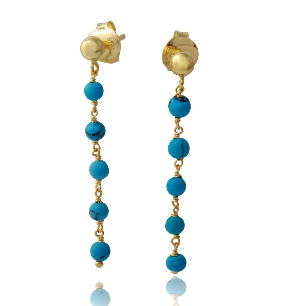 Gold Plated 925 Sterling Silver Dangling Earrings with 5 Turquoise Beads - DIE00006GP-TQ