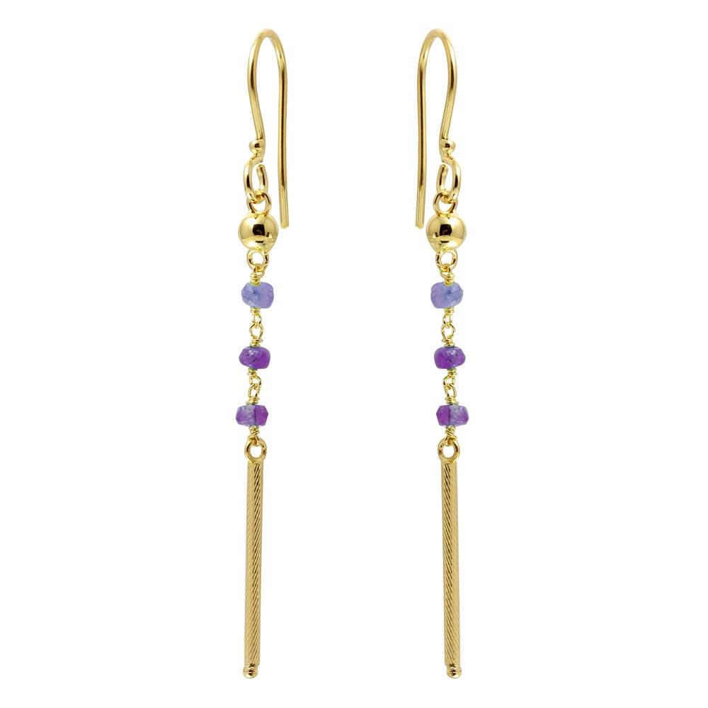 Gold Plated 925 Sterling Silver Dangling 3 Purple Bead with Matte Gold Bar Earrings - DIE00009GP-AM