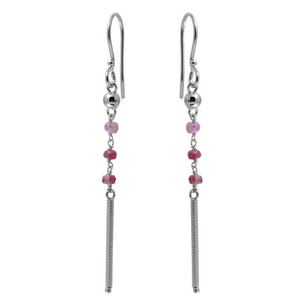 Rhodium Plated 925 Sterling Silver Dangling 3 Dark Red Bead with Matte Rhodium Bar Earrings - DIE00009RH-GR