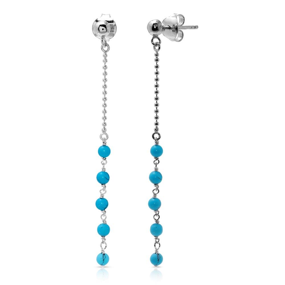 Rhodium Plated 925 Sterling Silver Bead Chain with Dropped Turquoise Bead Earrings - DIE00007RH