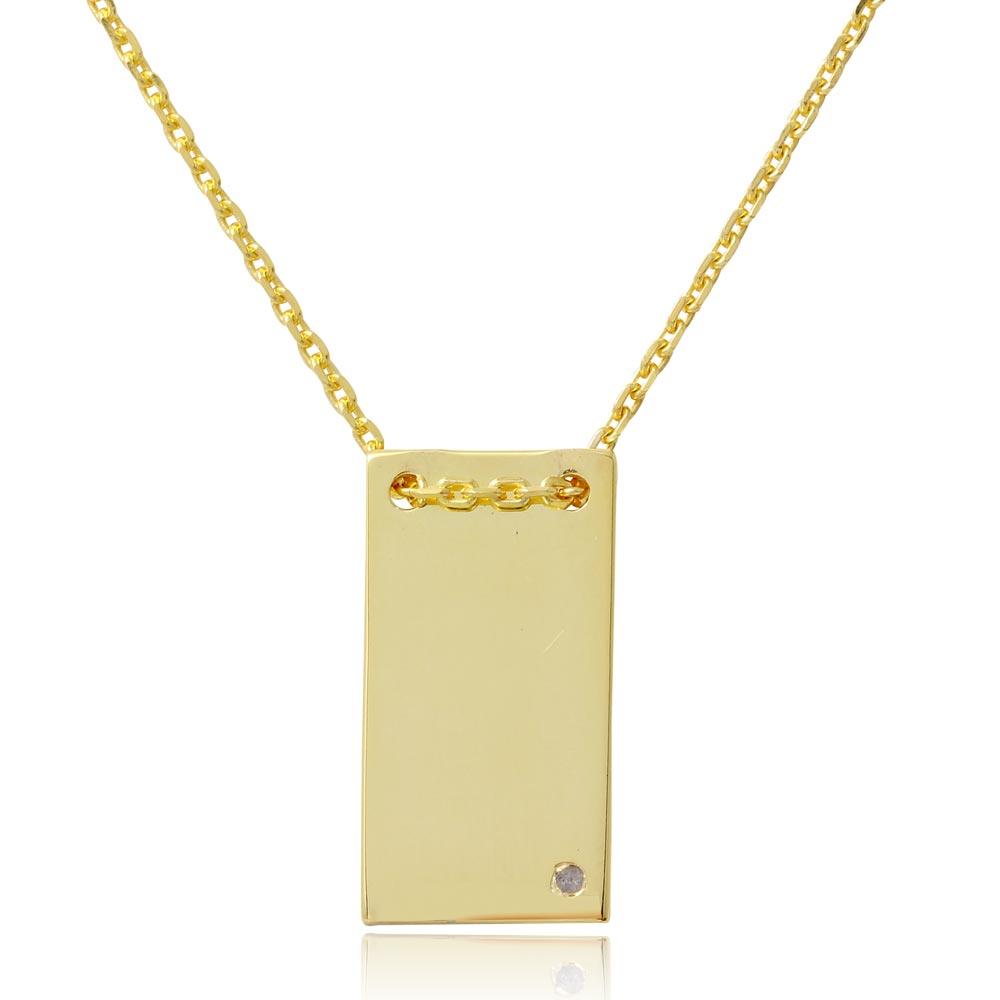 Gold Plated 925 Sterling Silver Engravable Rectangular Shaped Necklace with Diamond - DIN00075GP