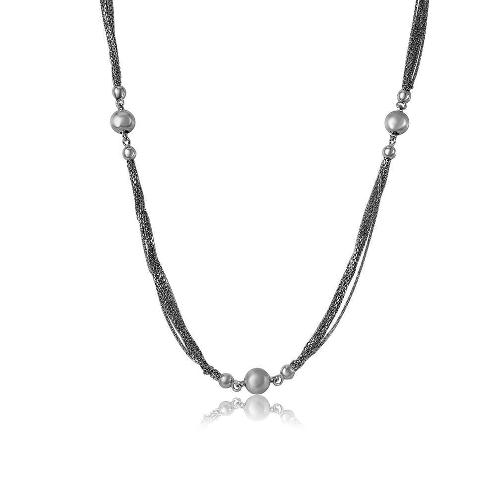 Silver 925 Rhodium Plated Multi Strands Chain with Beads Necklace - DIN00034RH