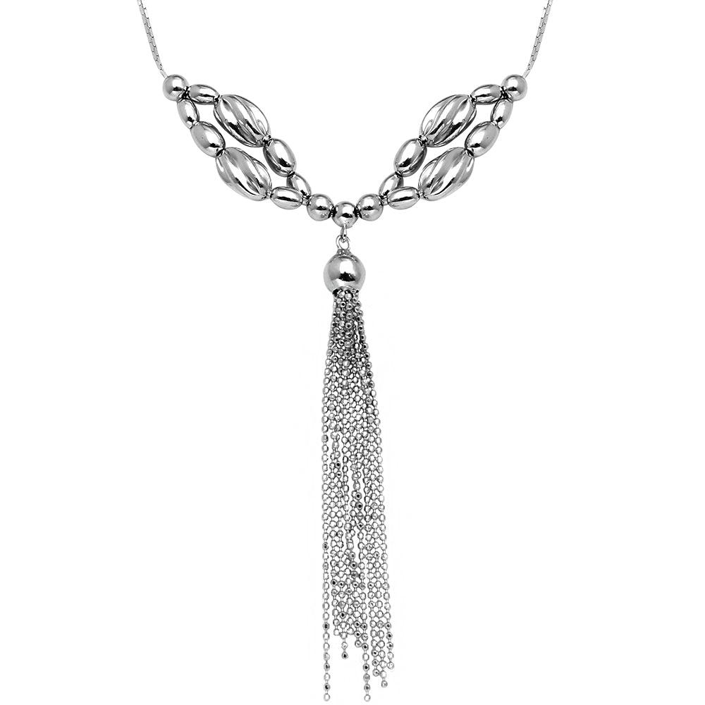 Rhodium Plated 925 Sterling Silver Multi Beaded Necklace with Tassel End - DIN00060RH