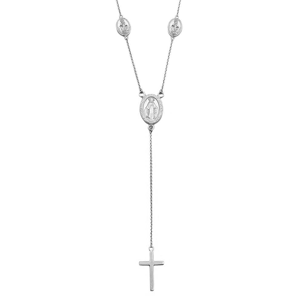 Rhodium Plated 925 Sterling Silver Religious Charms Necklace with Cross Drop - DIN00066RH