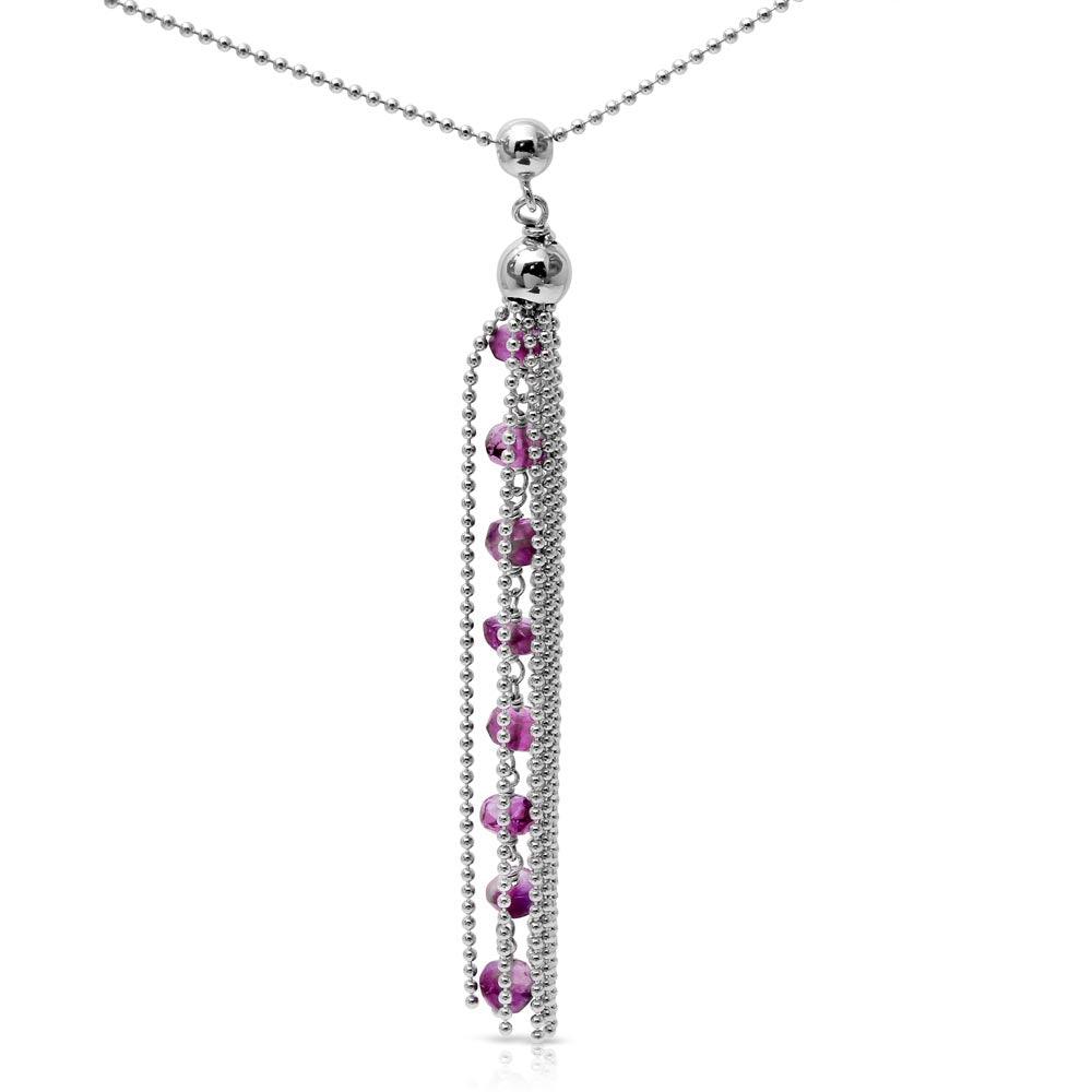 Rhodium Plated 925 Sterling Silver Bead Chain with Dropped Purple Bead Necklace - DIN00068RH-AM