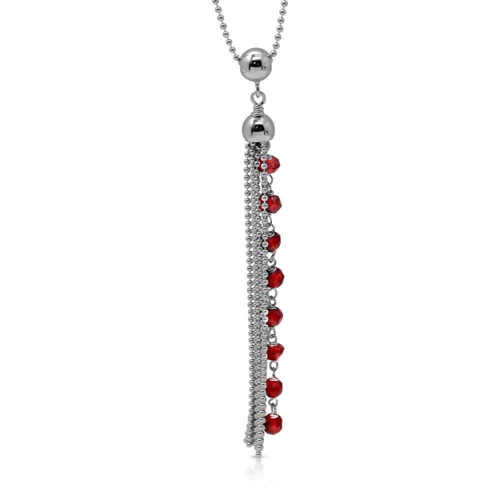 Rhodium Plated 925 Sterling Silver Bead Chain with Dropped Red Bead Necklace - DIN00068RH-GR