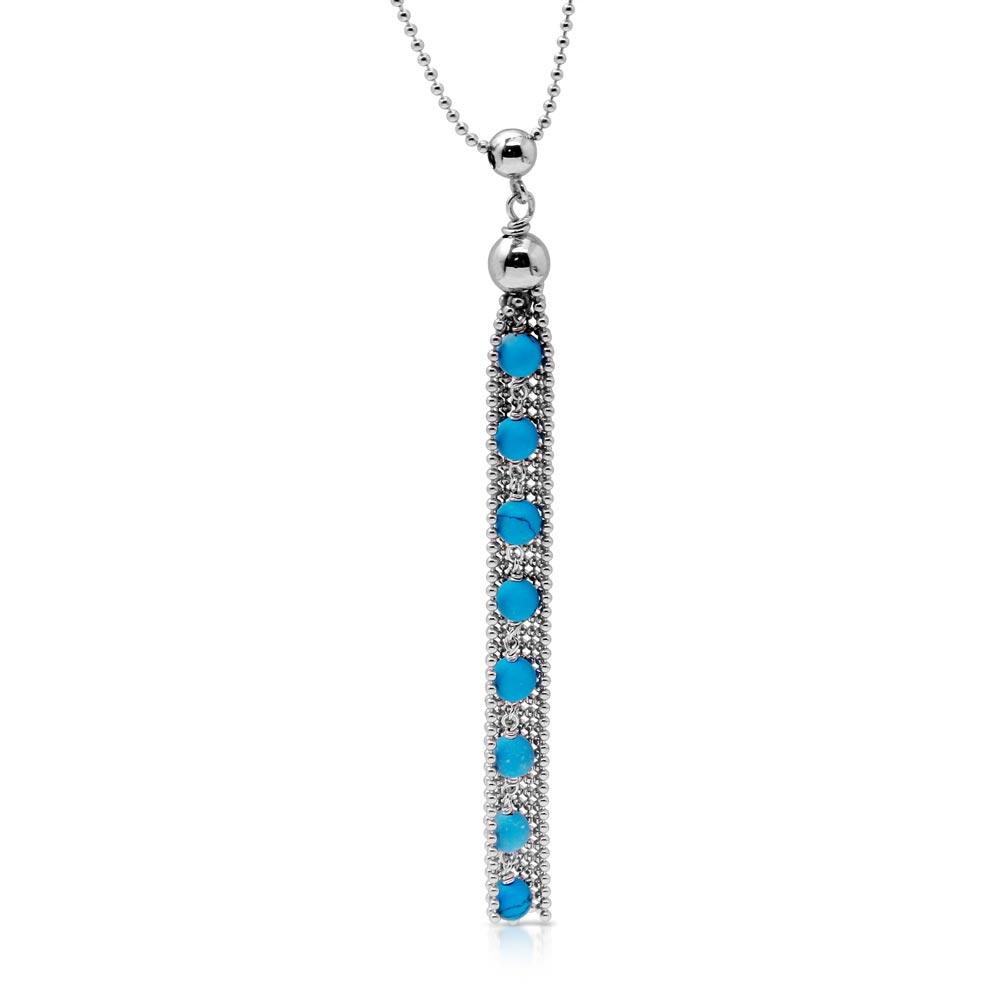 Rhodium Plated 925 Sterling Silver Bead Chain with Dropped Turquoise Bead Necklace - DIN00068RH-TQ