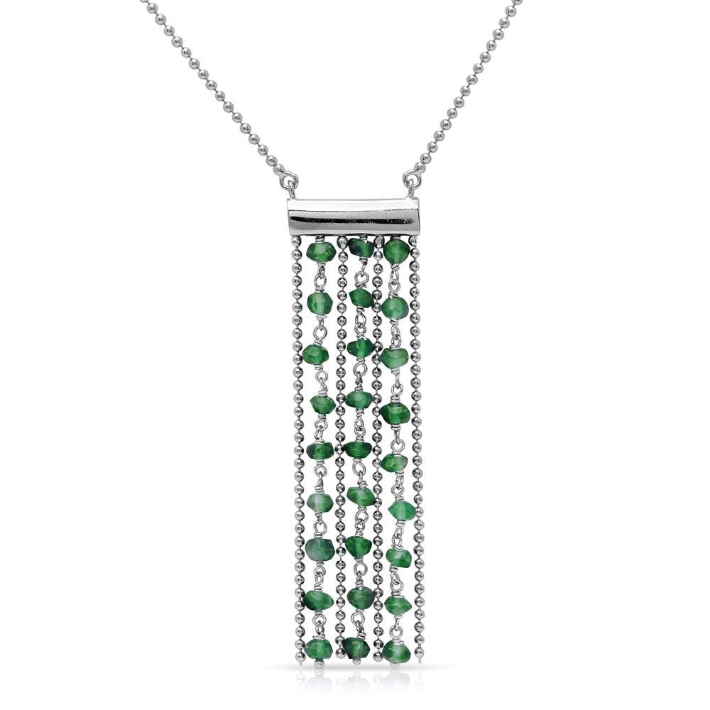 Rhodium Plated 925 Sterling Silver Bead Chain Necklace with Dropped Green Beads - DIN00069RH-EM