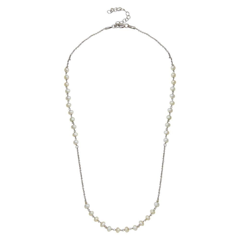 Rhodium Plated 925 Sterling Silver Synthetic Pearl Beads Necklace - DIN00072RH-PRL