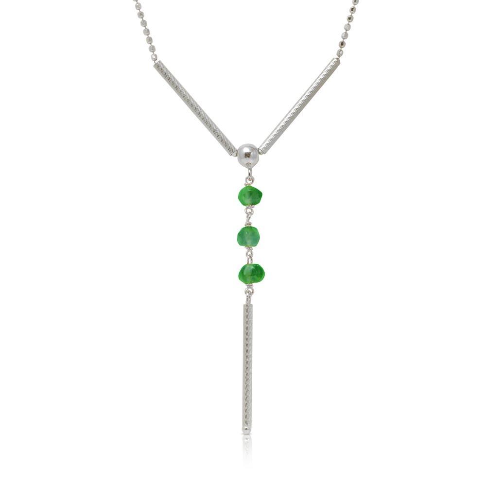 Rhodium Plated 925 Sterling Silver DC Bead Chain with Dangling Green Beads - DIN00074RH-EM