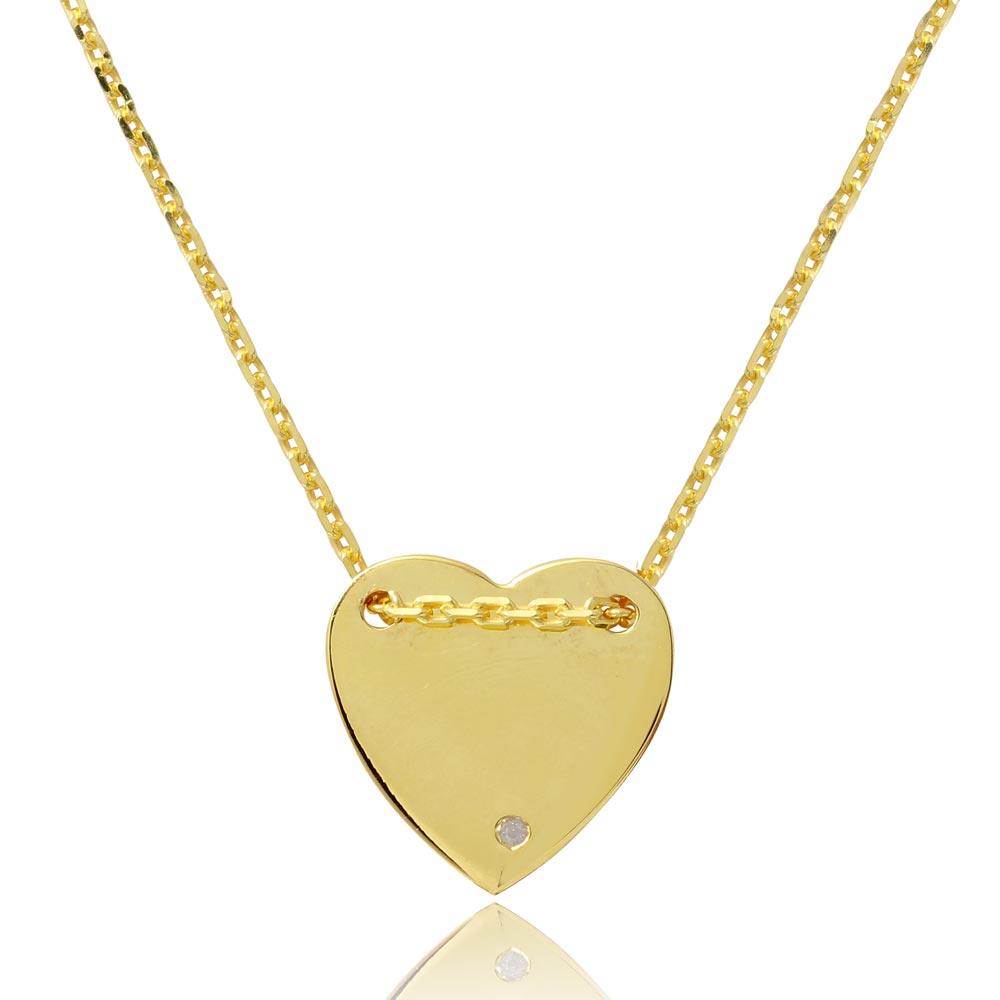 Gold Plated 925 Sterling Silver Engravable Heart Shaped Necklace with CZ - DIN00076GP