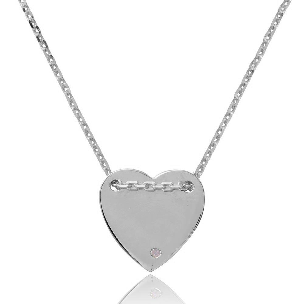 Rhodium Plated 925 Sterling Silver Engravable Heart Shaped Necklace with CZ - DIN00076RH