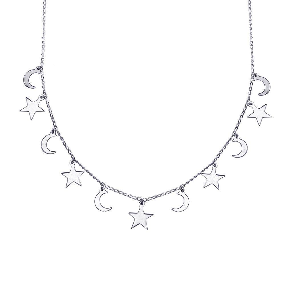 Rhodium Plated 925 Sterling Silver Dangling Star and Moon Chain Necklace - DIN00106RH