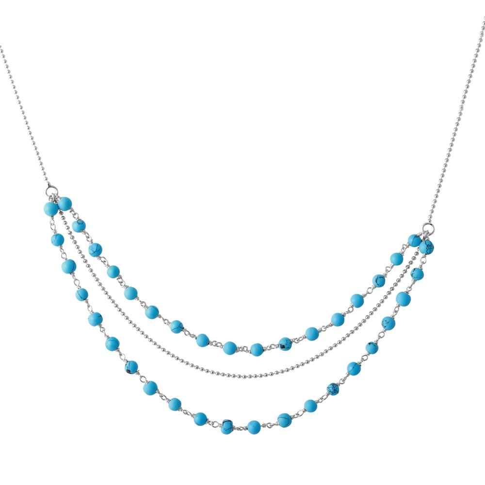 Rhodium Plated 925 Sterling Silver Triple Strand Turquoise Bead Necklace - DIN00071RH