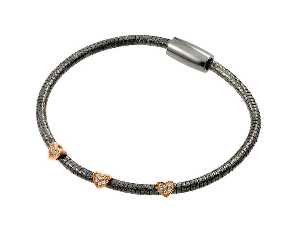 Silver 925 Black Rhodium and Rose Gold Plated Three Clear CZ Bracelet - ECB00025BR