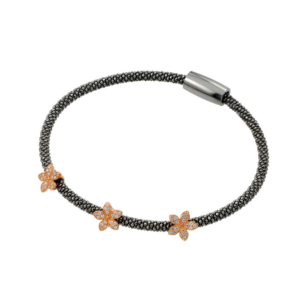 Silver 925 Black Rhodium and Rose Gold Plated Three Flower Clear CZ Inlay Bracelet - ECB00026BR