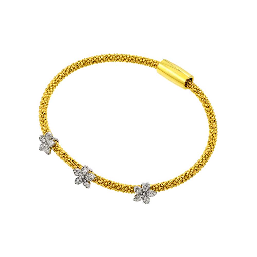 Silver 925 Rhodium and Gold Plated Three Flower Clear CZ Inlay Bracelet - ECB00026YW