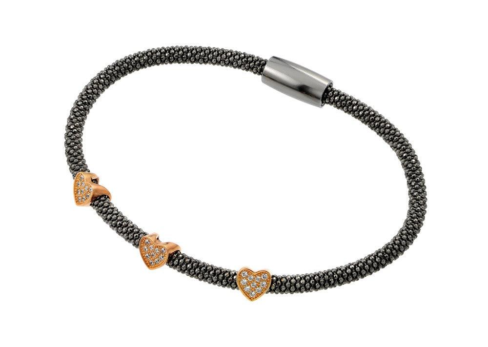 Silver 925 Black Rhodium and Rose Gold Plated Three Heart Clear CZ Inlay Bracelet - ECB00027BR