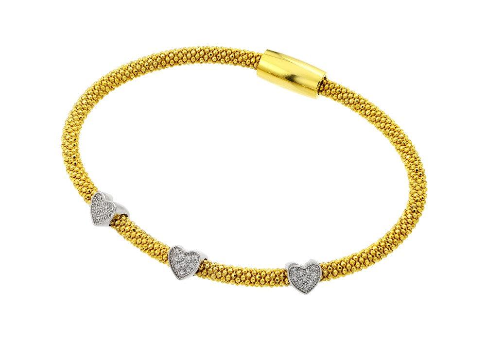 Silver 925 Black Rhodium and Gold Plated Three Heart Clear CZ Inlay Bracelet - ECB00027YW