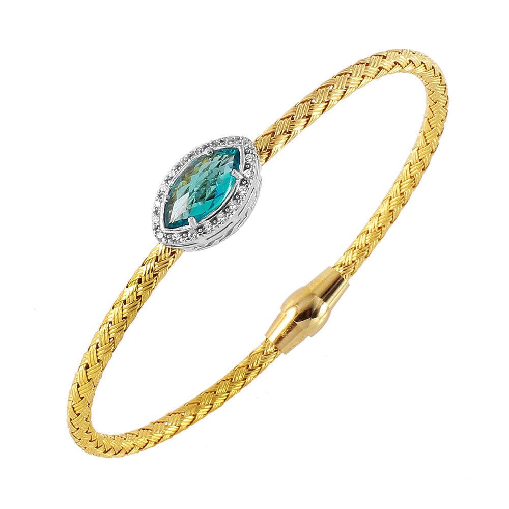 Closeout-Silver 925 Gold Plated Twisted Aqua CZ Stone Bangle Bracelet - ECB00039YG