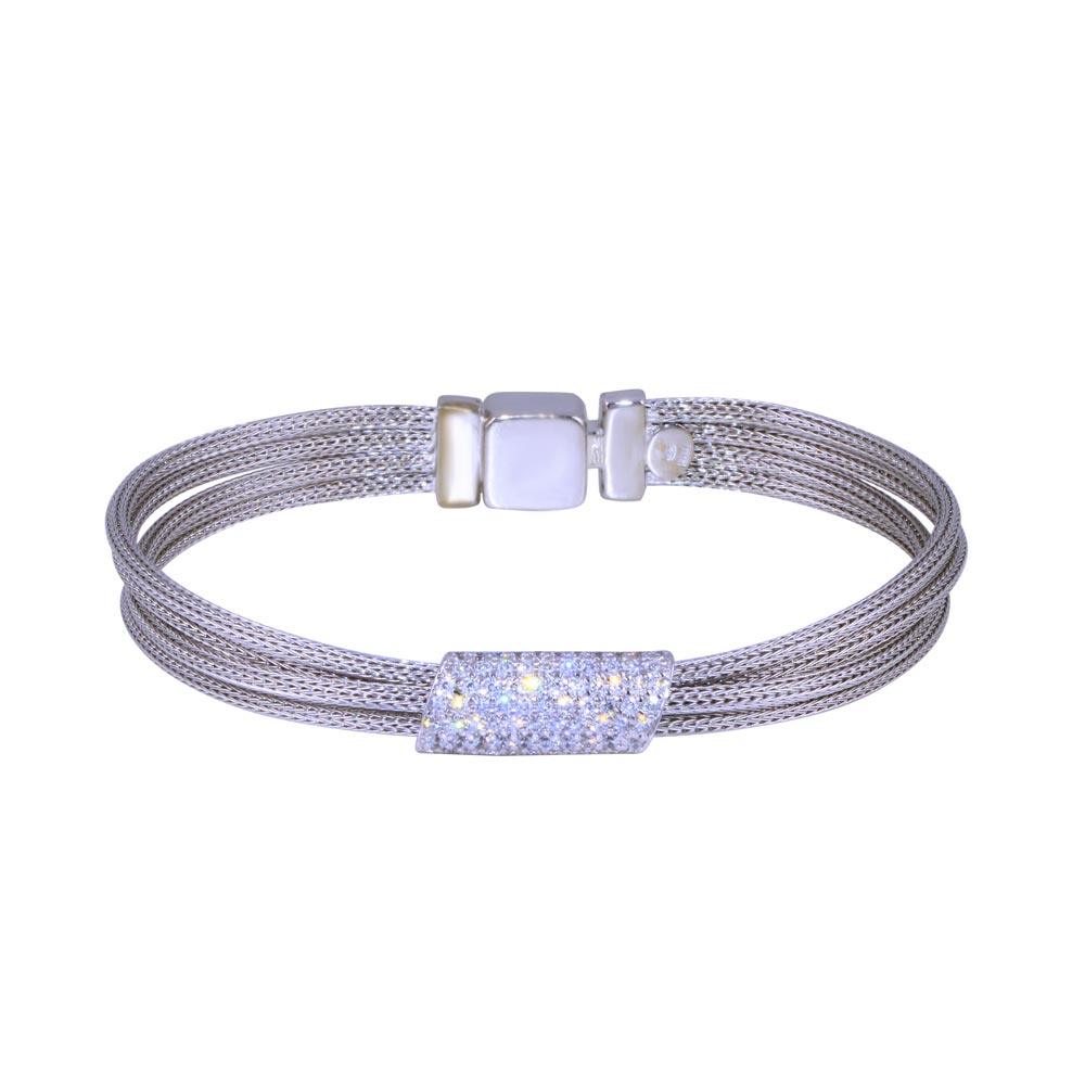 Rhodium Plated 925 Sterling Silver Mesh Clear CZ Bracelet - ECB00044RH