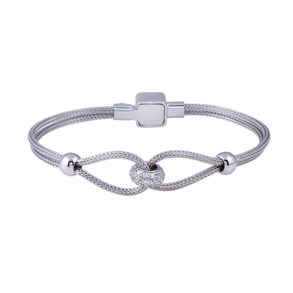 Rhodium Plated 925 Sterling Silver Intertwine CZ Bracelet - ECB00045RH