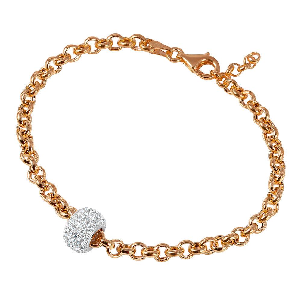 Silver 925 Rose Gold Plated Rolo Bracelet with Micro Pave Center Bead - ECB00047RW