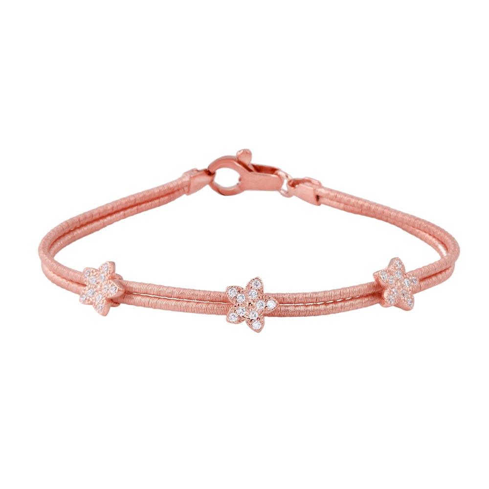 Rose Gold Plated 925 Sterling Silver Two Strand CZ Flower Charm Bracelet - ECB00055R