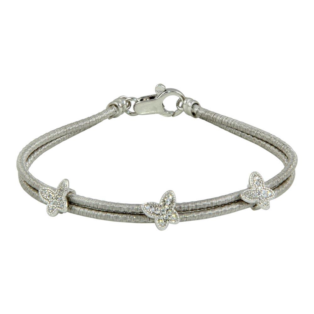 Closeout-Rhodium Plated 925 Sterling Silver Double Strand Butterfly Bracelet - ECB00056RH