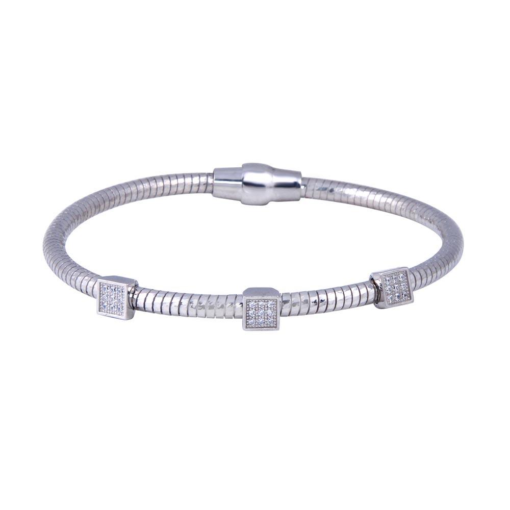 Closeout-Rhodium Plated 925 Sterling Silver Square CZ Magnetic Lock Bracelet - ECB00066RH