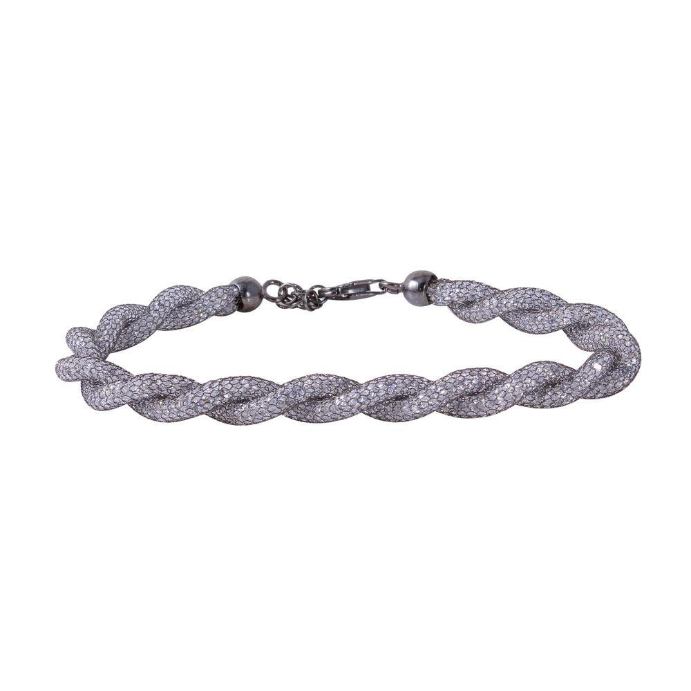 Closeout-Silver 925 Black Rhodium Plated Braided Mesh CZ Italian Bracelet - ECB00070BL