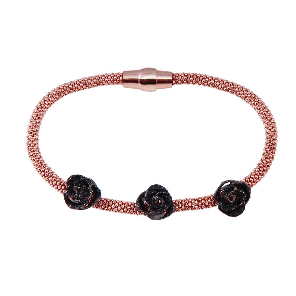 Closeout-Rose Gold Plated 925 Sterling Silver Italian Black Flower Bracelet - ECB00076RB