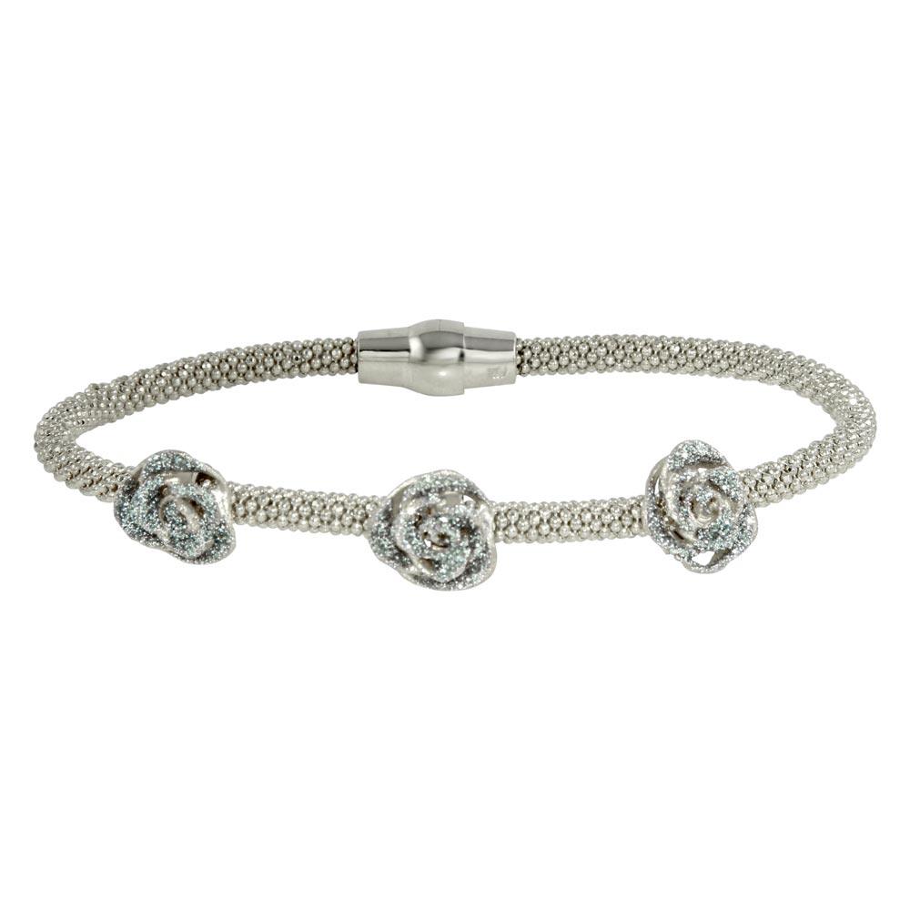 Closeout-Rhodium Plated 925 Sterling Silver Magnetic Bracelet with 3 Roses - ECB00076RH