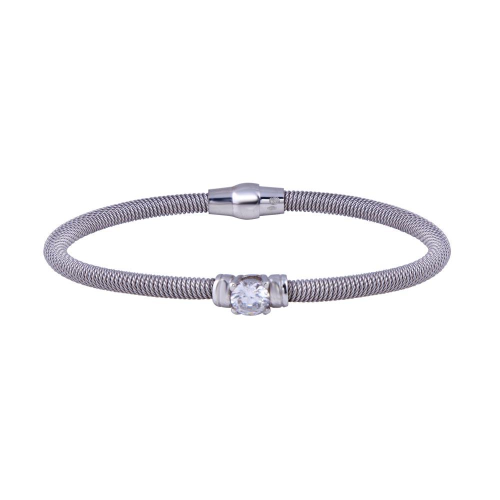 Closeout-Rhodium Plated 925 Sterling Silver Round CZ Magnetic Lock Bracelet - ECB00082RH