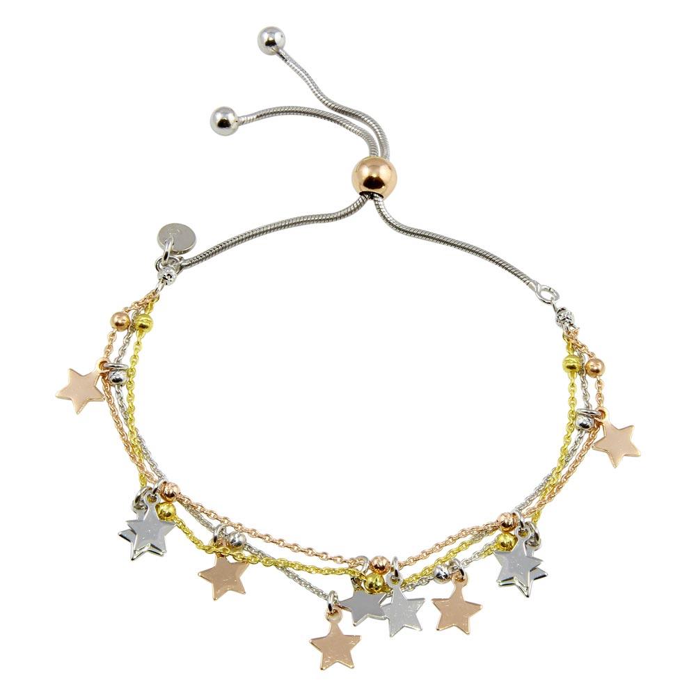 Three-Tone Plated 925 Sterling Silver Multi Chain Star Beaded Lariat Bracelet - ECB00119