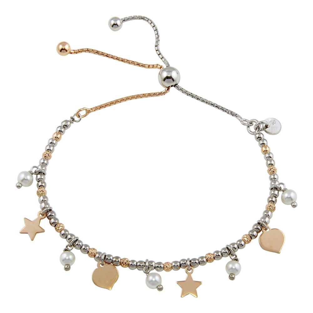 Two-Tone 925 Sterling Silver Plated Multi Chain Stars Leaves Beaded Lariat Bracelet - ECB00123