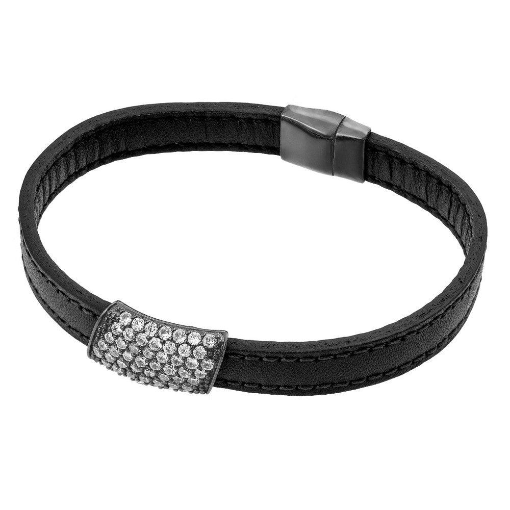 Closeout-Silver 925 Black Rhodium Plated Clear Micro Pave CZ Leather Bracelet - ECB004BLK