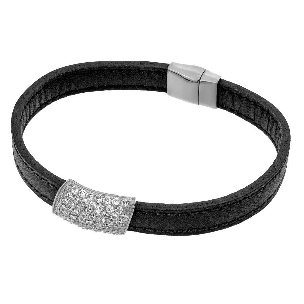 Closeout-Silver 925 Rhodium Plated Clear Micro Pave CZ Black Leather Bracelet - ECB004RH