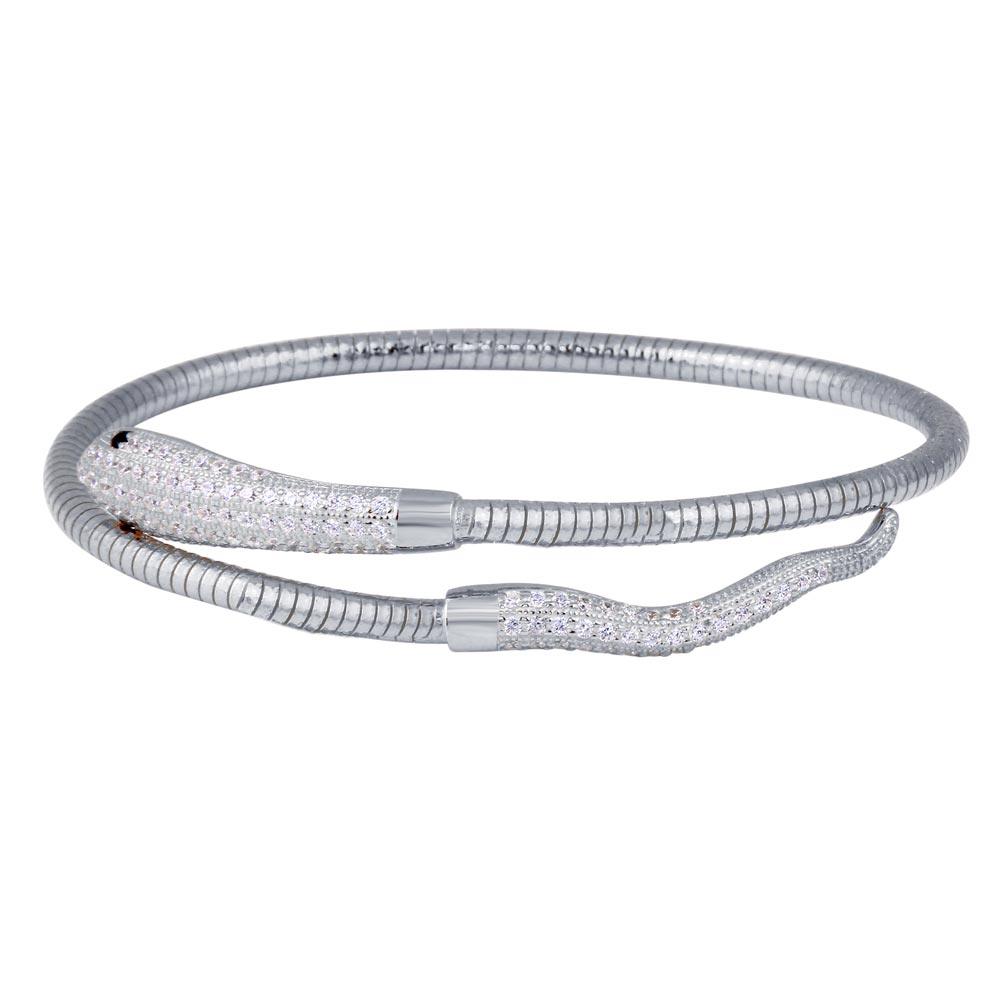 Closeout-Rhodium Plated 925 Sterling Silver Snake CZ Bracelet - ECB016RH