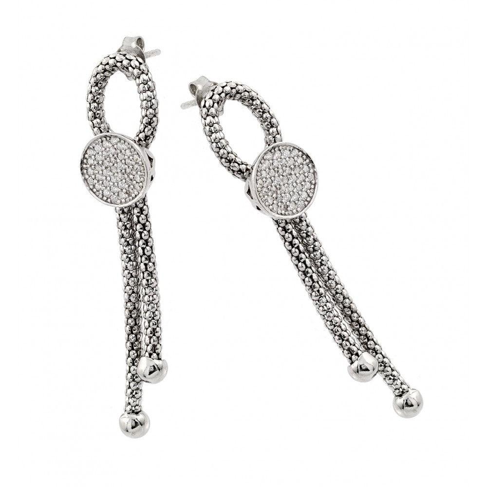 Silver 925 Rhodium Plated Dangling Ribbon Center Circle CZ Inlay Dangling Stud Earrings - ECE010RH