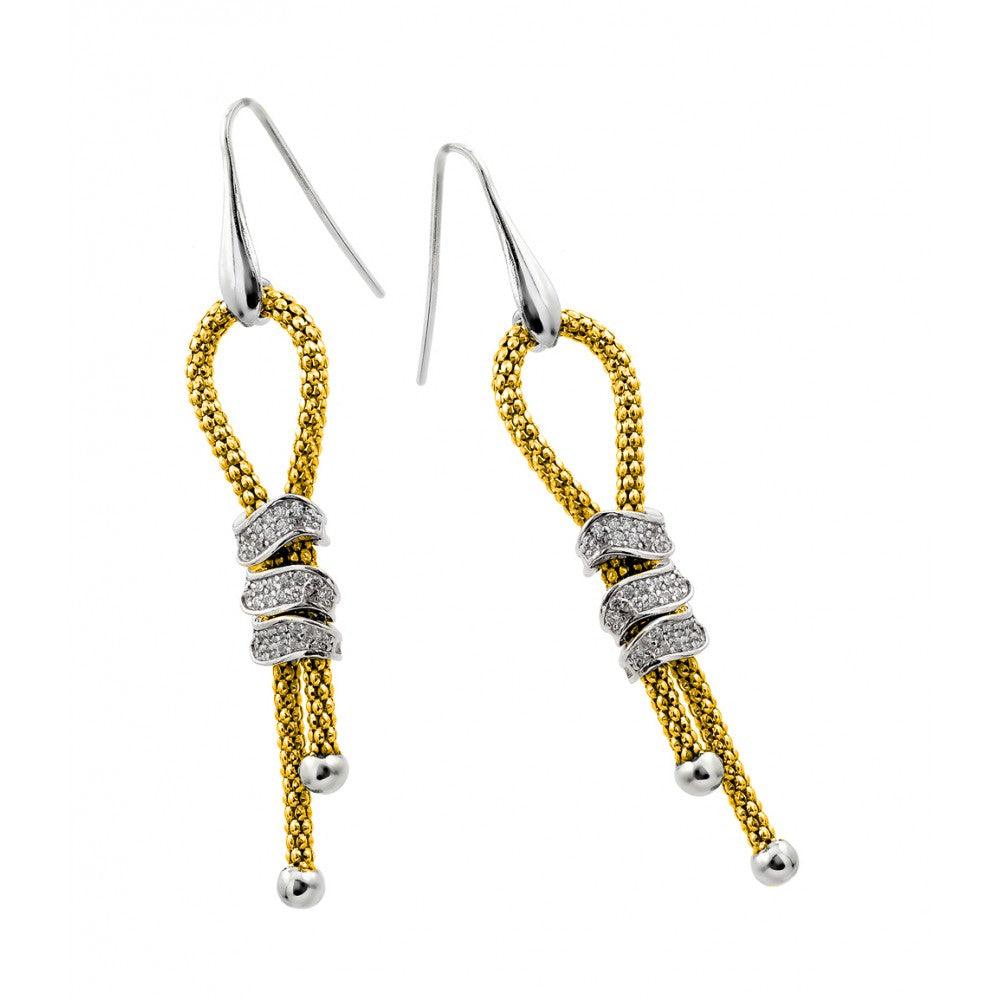 Silver 925 Rhodium and Gold Plated Dangling Ribbon Center Rectangular CZ Inlay Dangling Hook Earrings - ECE011GP