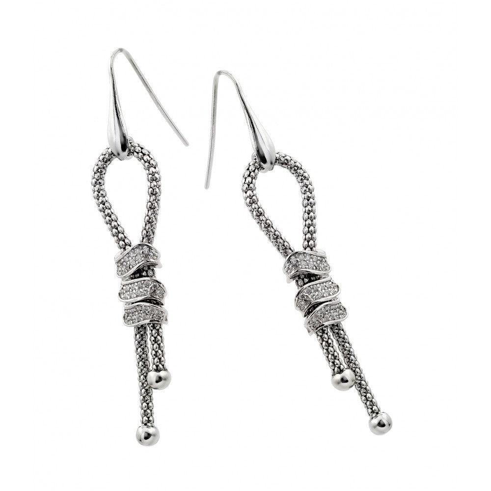 Silver 925 Rhodium Dangling Ribbon Center Rectangular CZ Inlay Dangling Hook Earrings - ECE011RH