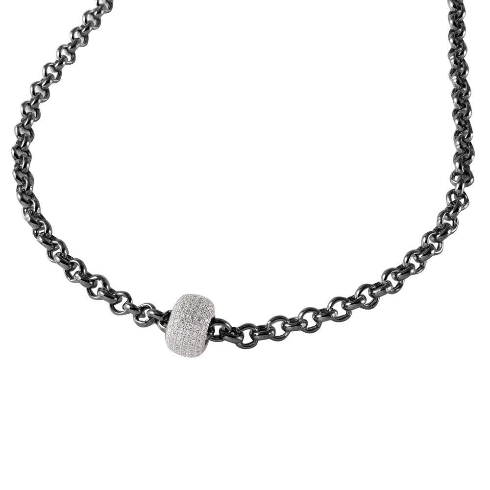 Silver 925 Black Rhodium Plated Rolo Chain Necklace with Micro Pave CZ Round Pendant - ECN00008BW