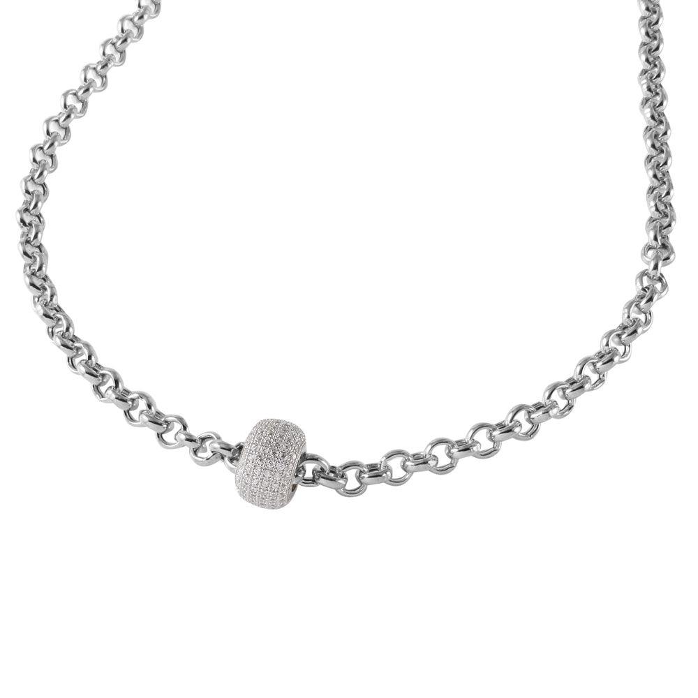 Silver 925 Rhodium Plated Rolo Chain Necklace with Micro Pave CZ Round Pendant - ECN00008RH