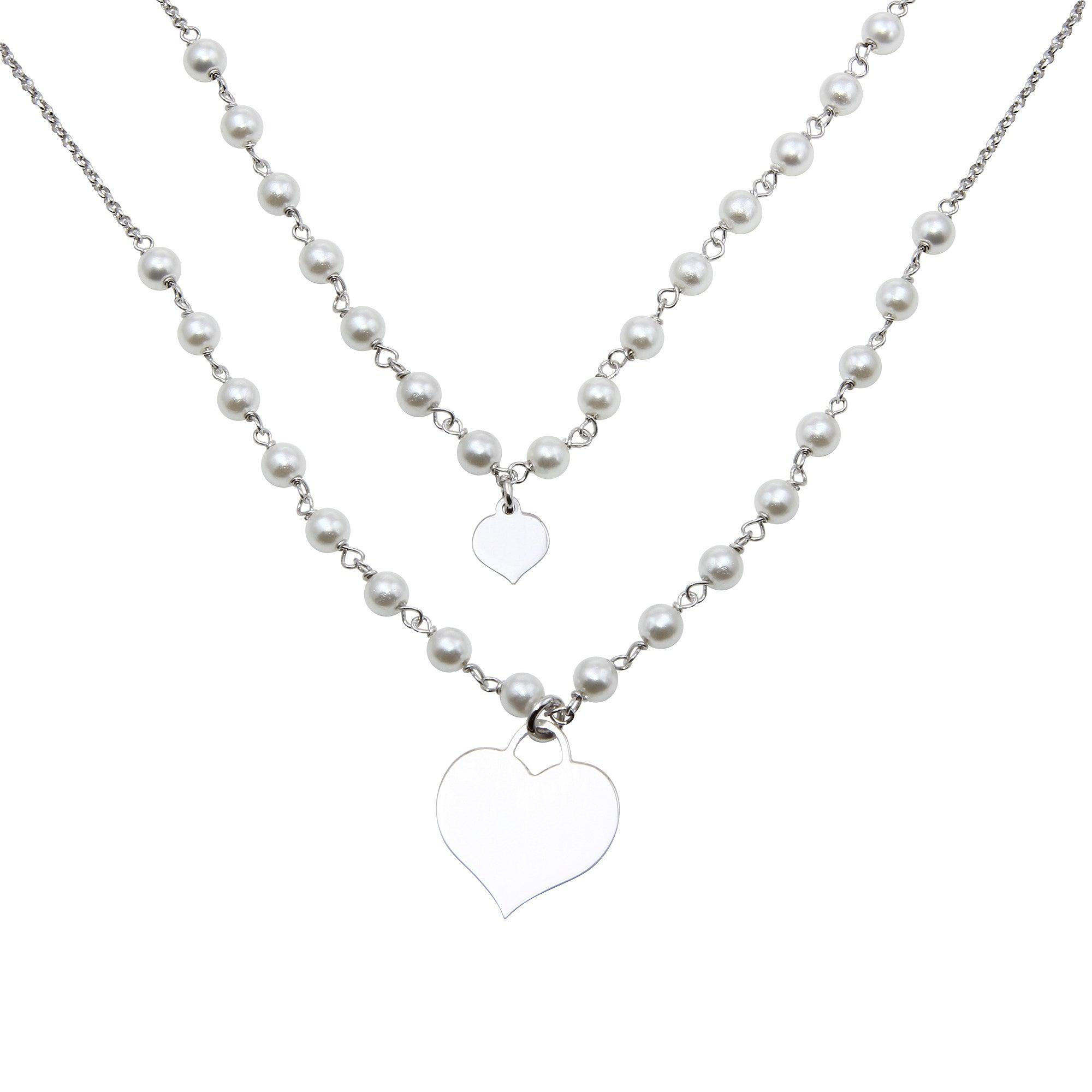 Rhodium Plated 925 Sterling Silver Double Chain Synthetic Pearl and Heart Pendant Necklace - ECN00034RH