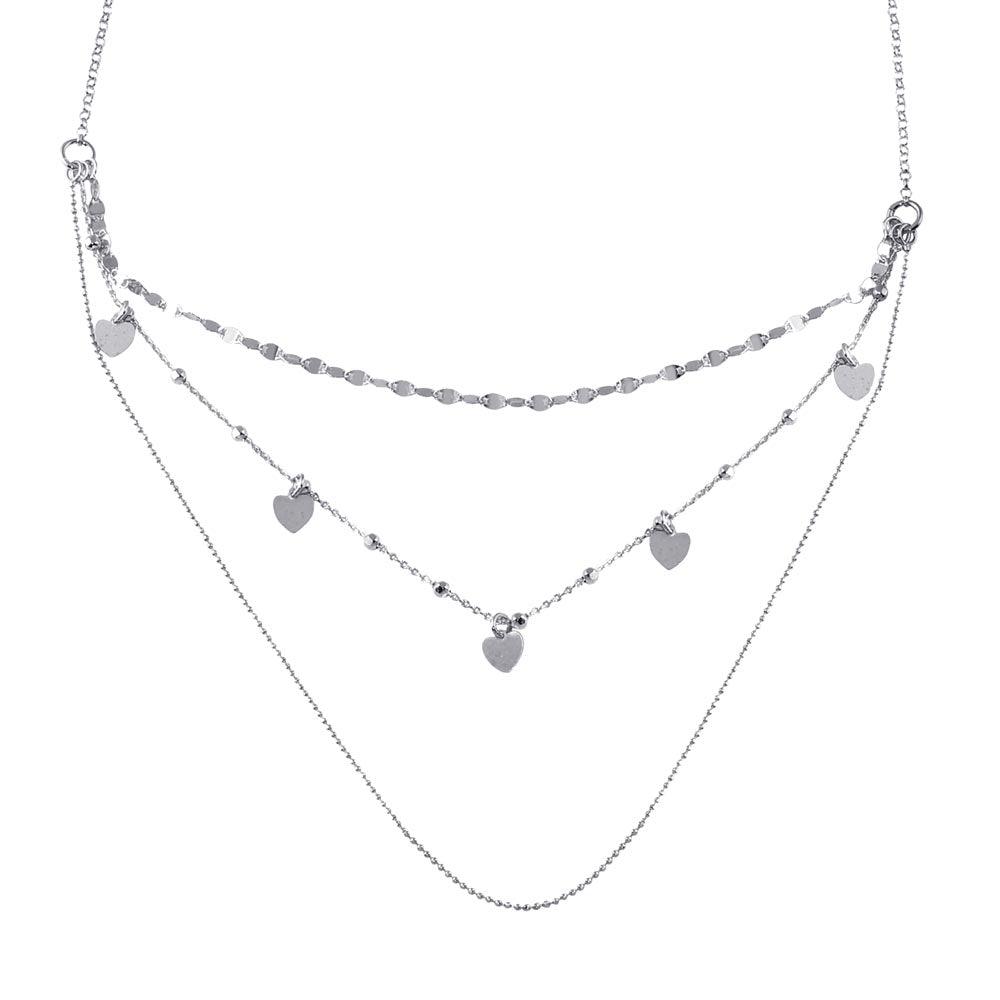 Rhodium Plated 925 Sterling Silver Multi Chain Dangling Hearts Necklace - ECN00054RH