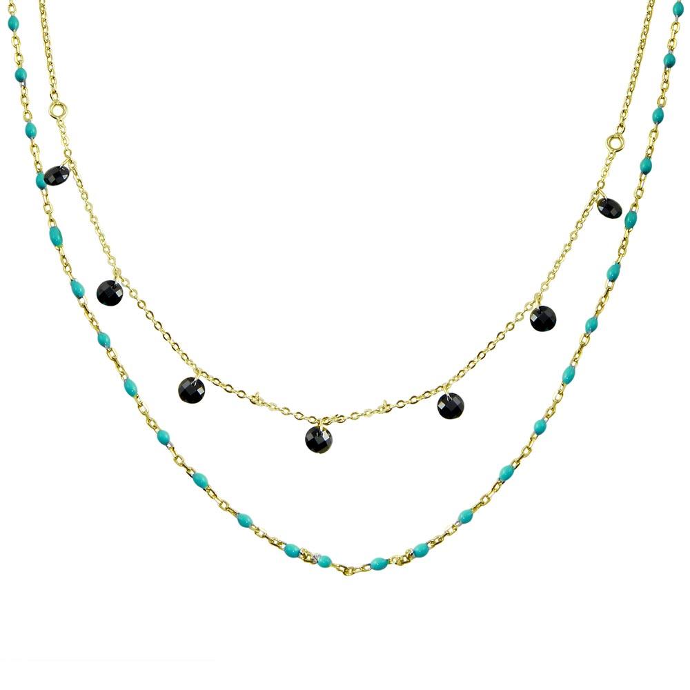 Gold Plated 925 Sterling Silver Double Chain Dangling Black CZ with Turquoise Beads - ECN00055GP